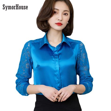 new women silk satin blouse button long lace sleeve lapel ladies office work elegant female