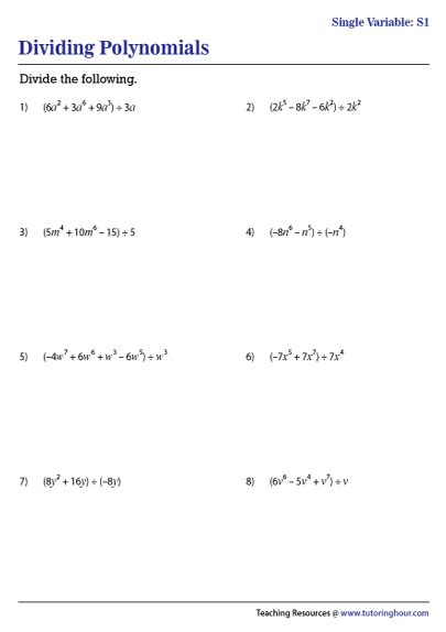 dividing polynomials  synthetic division worksheet