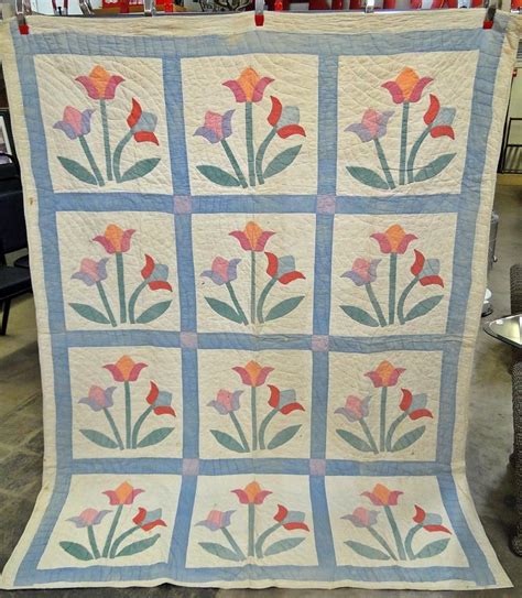 antique hand stitched triple tulip quilt vintage quilts quilts