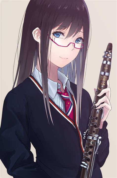 1girl black hair blue eyes clarinet glasses highres instrument long