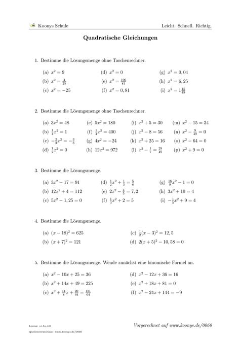 quadratische gleichungen arbeitsblatt  mathe
