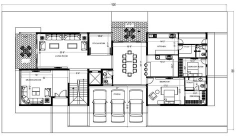 square feet house ground floor plan  furniture layout dwg file