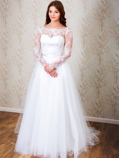 Elegant A Line Long Sleeves White Lace Wedding Dress