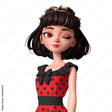 3d cartoon character of a brunette girl with a closed eye and one open