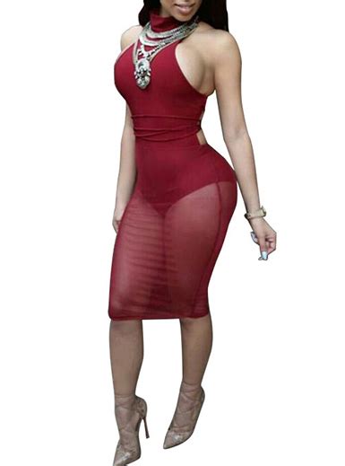 sexy bodycon dress red semi sheer skirt