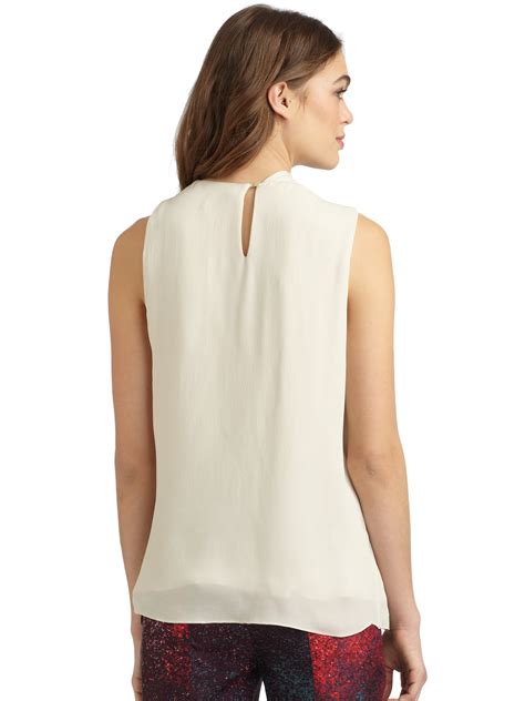 lyst halston pleated washed silk georgette blouse in white