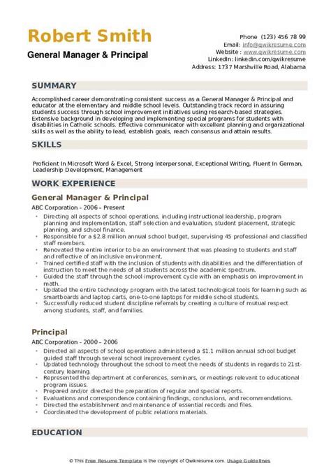 principal resume templates  printable templates