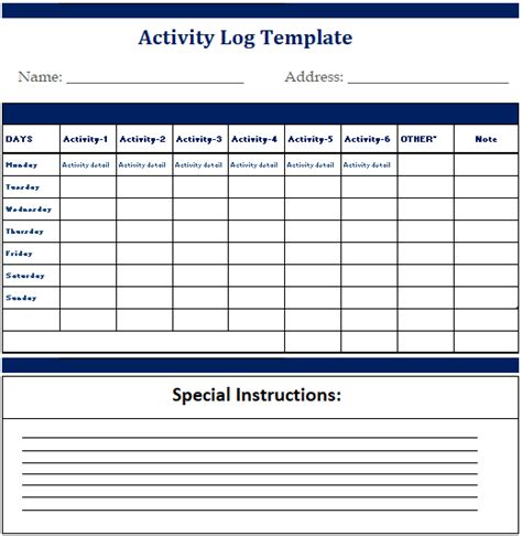 activity log templates   printable word excel  formats