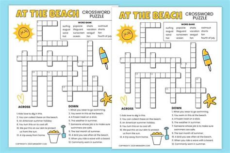 beach printable crossword puzzle  kids  merry