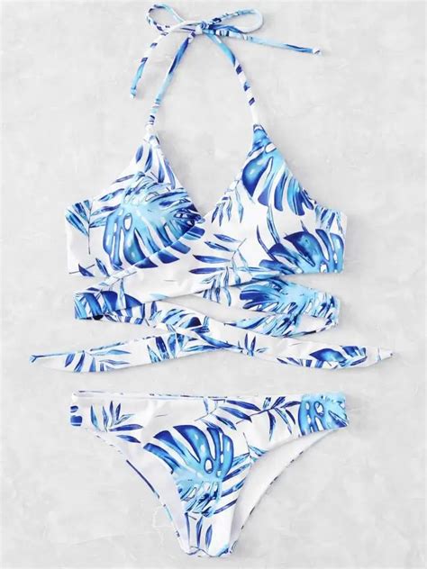 Women Summer Bikini Blue Leaf Flower Bandage Sexy Two Piece Swimwear