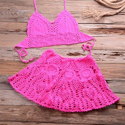 2020 two piece crochet women bikini set cover up swimsuit swim skirt