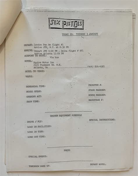 Sex Pistols 1978 Us Tour Itinerary Press Kit Folder