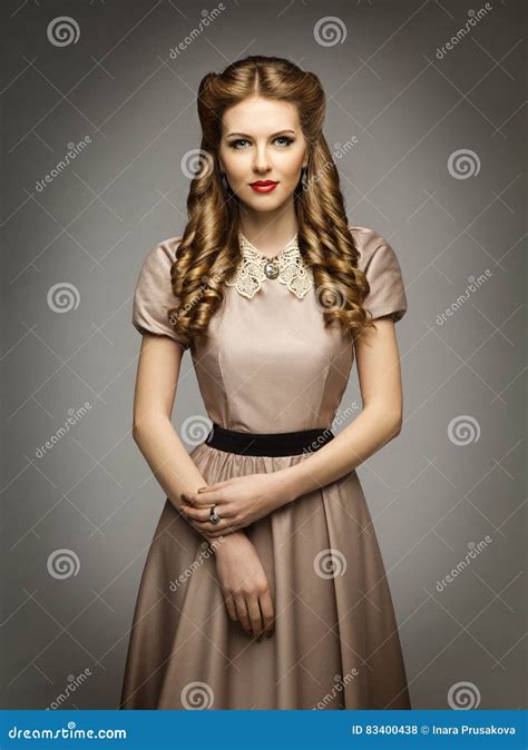 woman victorian historical age dress beautiful curly hairstyle stock