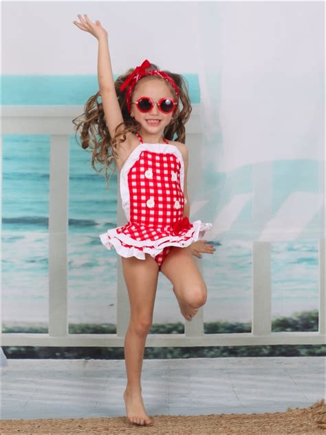 mia belle girls checkered ruffled skirted one piece swimsuit