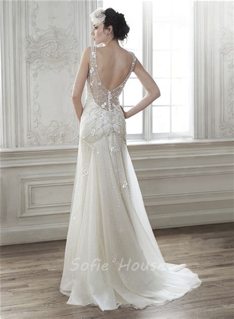 sexy deep v neck open back tulle beaded wedding dress with flowers