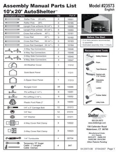 assembly manual parts list  autoshelter