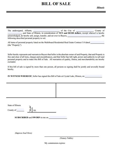 illinois personal property bill  sale form  template form