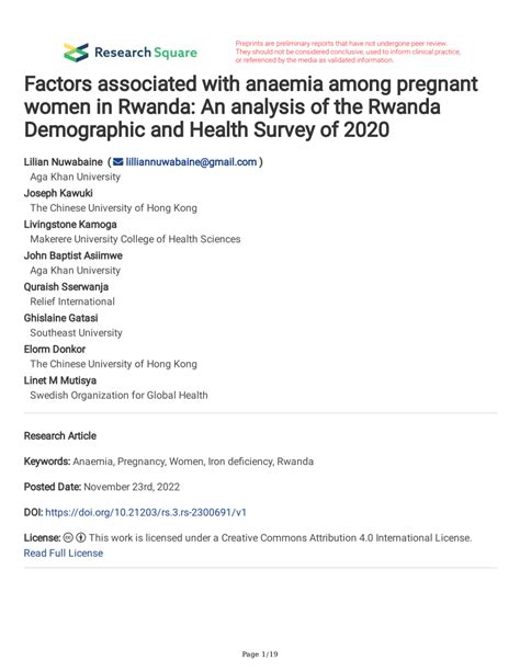 Pdf Factors Associated With Anaemia Among Pregnant Women In Rwanda