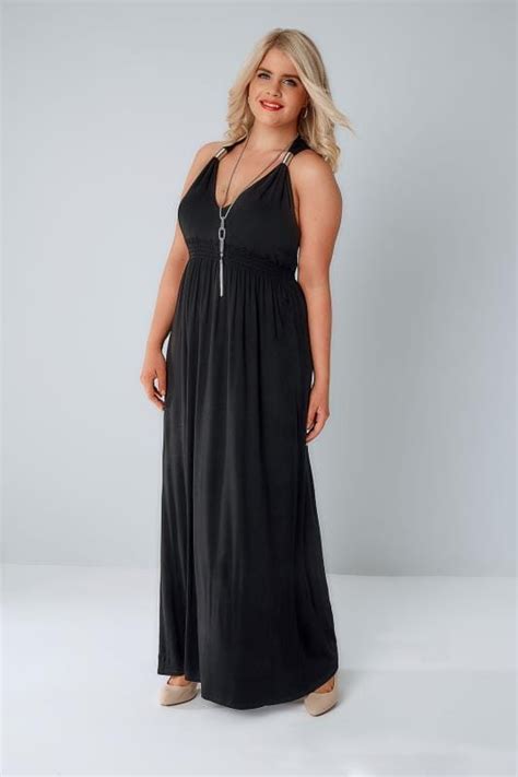 black sleeveless maxi dress with spring details and free necklace plus size 16 to 36