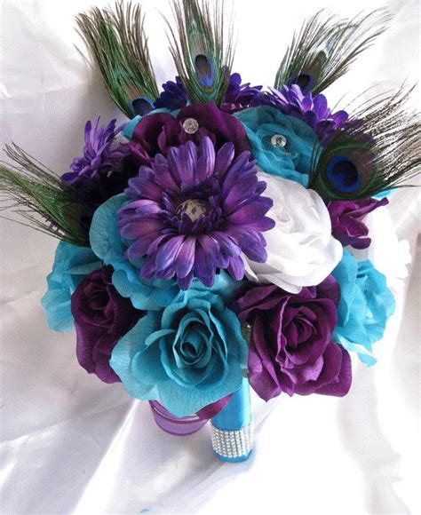 wedding bouquet bridal silk flowers 17 piece package turquoise purple
