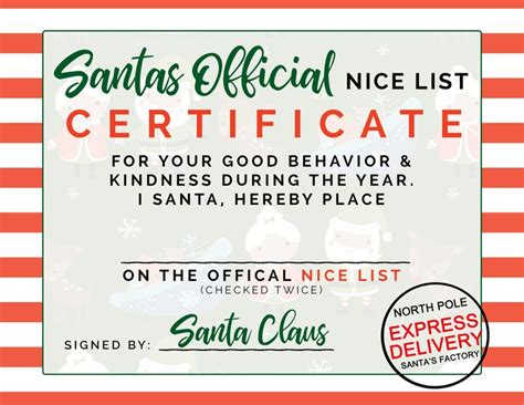 santas official nice list certificate   good behavior