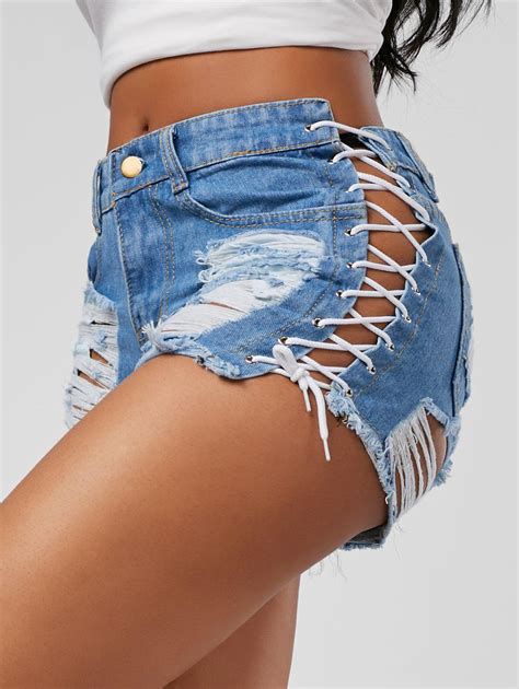 [26 Off] Lace Up Mid Waisted Ripped Denim Shorts Rosegal