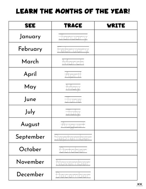 months   year tracing worksheets