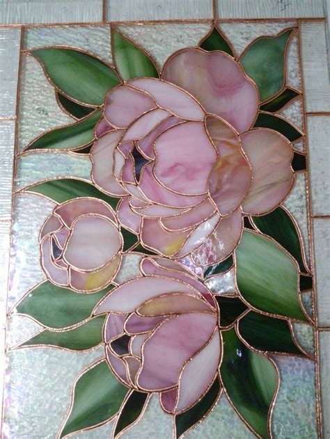 stained glass panel peony stained glass window hanging pink etsy uk