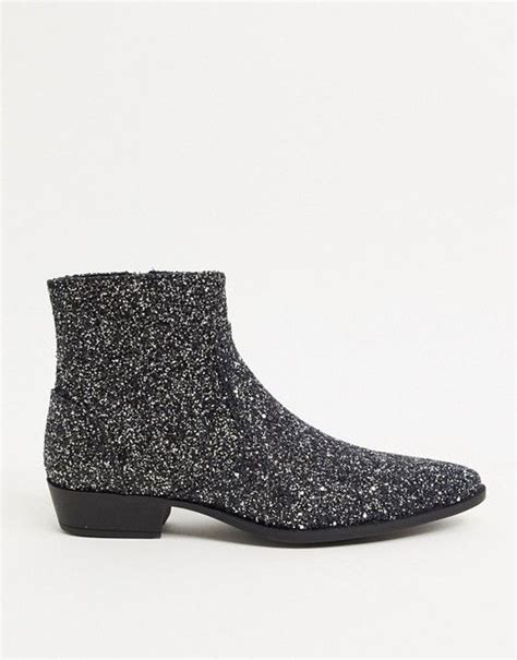 asos design stacked heel western chelsea boots  silver glitter asos glitter trends asos