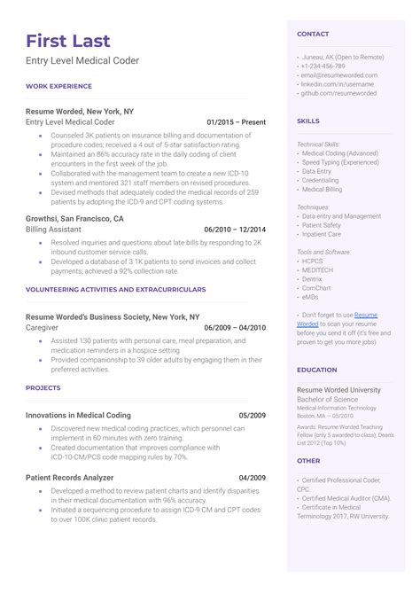entry level medical coder resume examples   resume worded