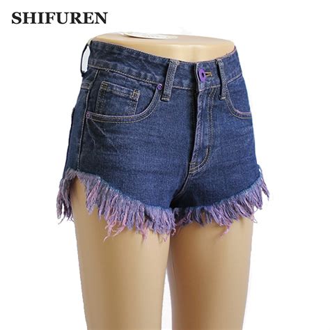 Shifuren Summer Sexy Girls Jeans Shorts Tassel Ripped Cotton Denim