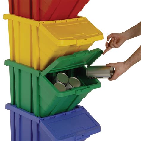 stackable recycling box bins with hinged lids in 4 colours