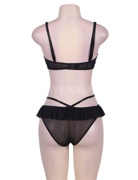 New Design Open Cup Ruffle Black Bra And Panty Set