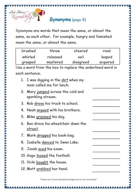 grade  grammar topic  synonyms worksheets synonym worksheet