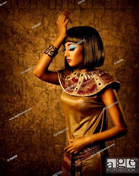 Beautiful Egyptian Woman Bronze Portrait Over Grunge Dark Gold