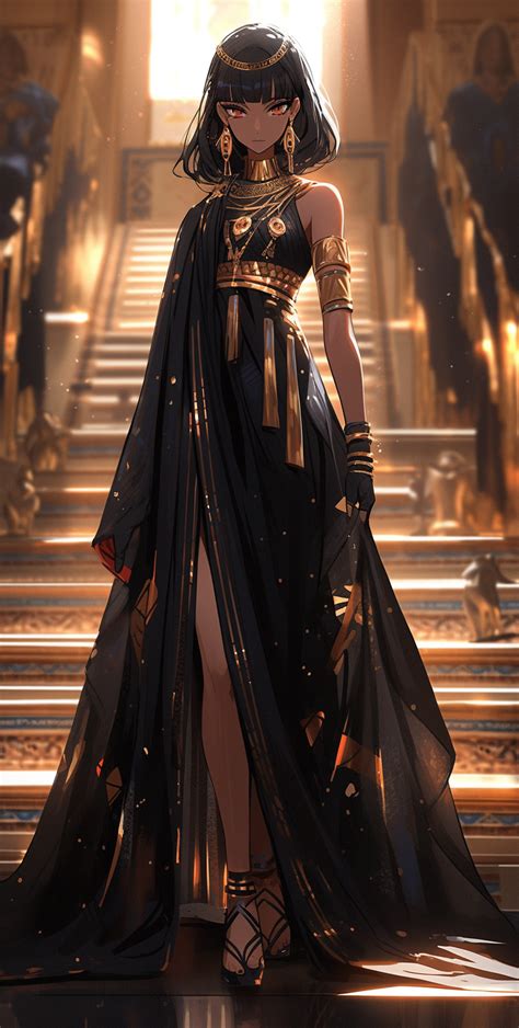 An Egyptian Woman Dressed In Black And Gold Standing On Steps With Her