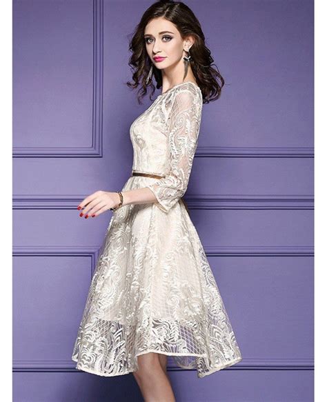 elegant beige lace a line wedding guest dress with sleeves zl8006