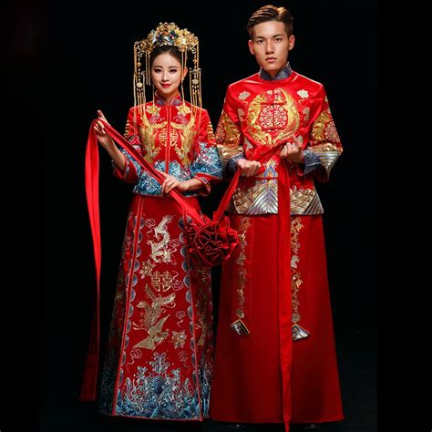 red chinese style wedding married dress dragon and phoenix