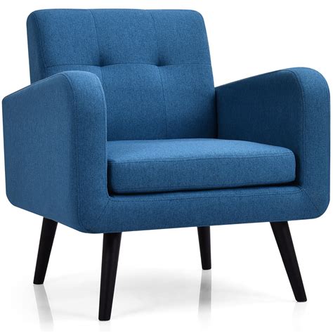 costway mid century accent chair fabric arm chair single sofa wrubber wood legs blue walmartcom