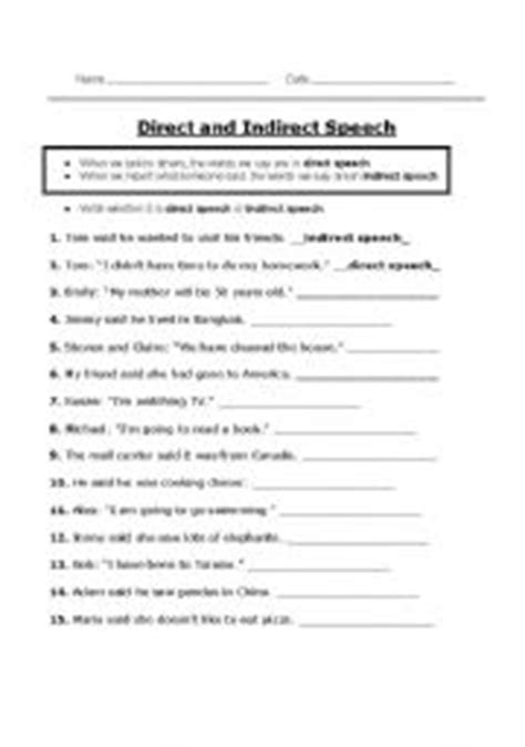 Direct and Indirect Speech - ESL worksheet by JewellS