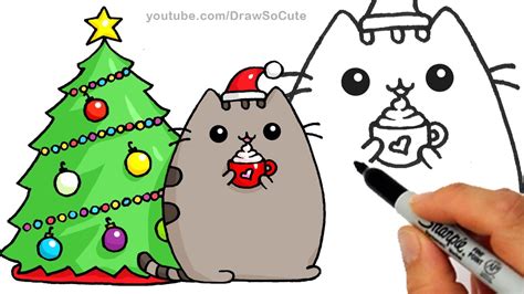 how to draw christmas holiday pusheen cat step by step easy and cute youtube
