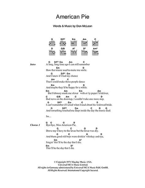 american pie sheet music by don mclean lyrics and chords