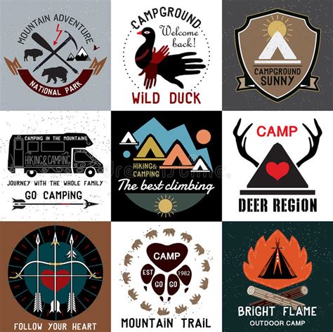 set of vintage camping logos symbols of the national park and open camp stock vector image