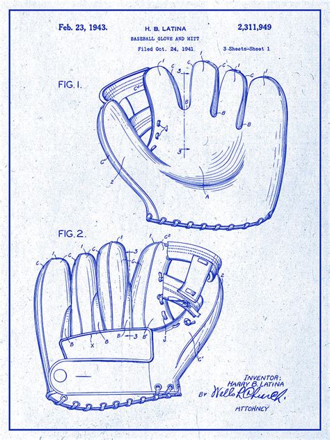 baseball glove blueprint patent print drawing  greg edwards pixels