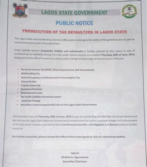lagos state government public notice taisha associates accountants  lagos tax