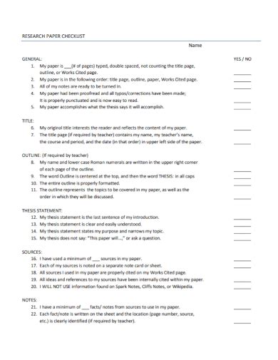research checklist samples paper project audit