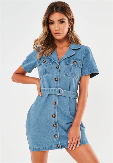 blue denim short sleeve denim dress missguided