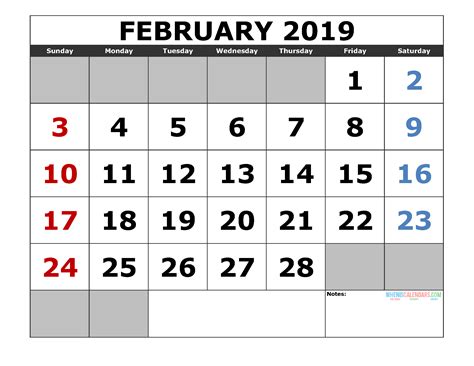 printable february  calendar template landscape format
