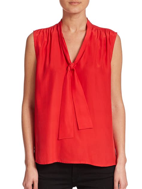 frame le silk sleeveless tie neck top  red lyst