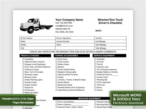 tow truck checklist  drivers wrecker towing equipment checklist